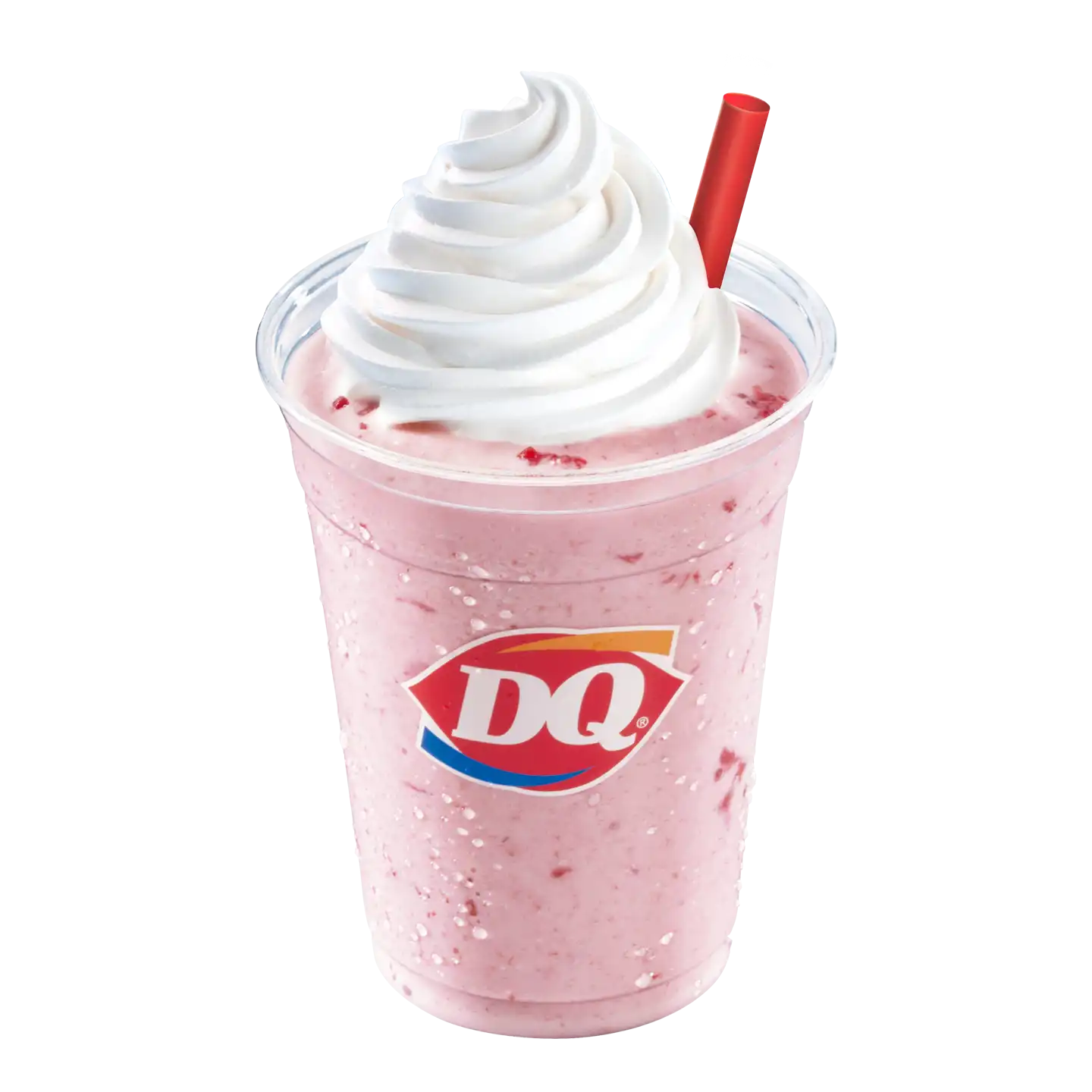 Malteada Fresa con crema batida en un vaso del la marca DQ.